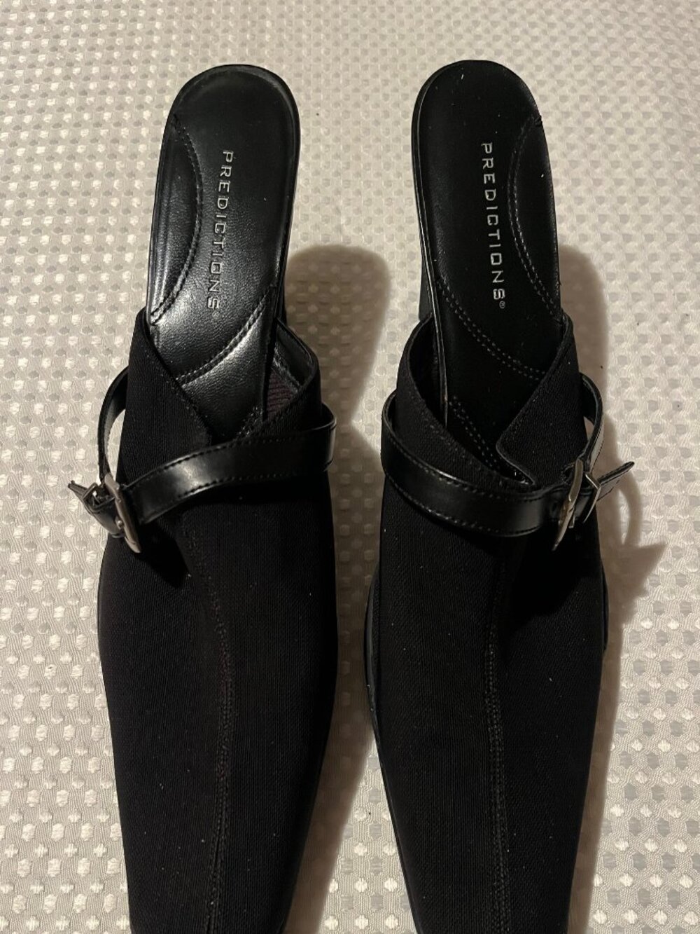 Predictions Black Fabric Square Toe Buckle Strap Mules Size 7.5